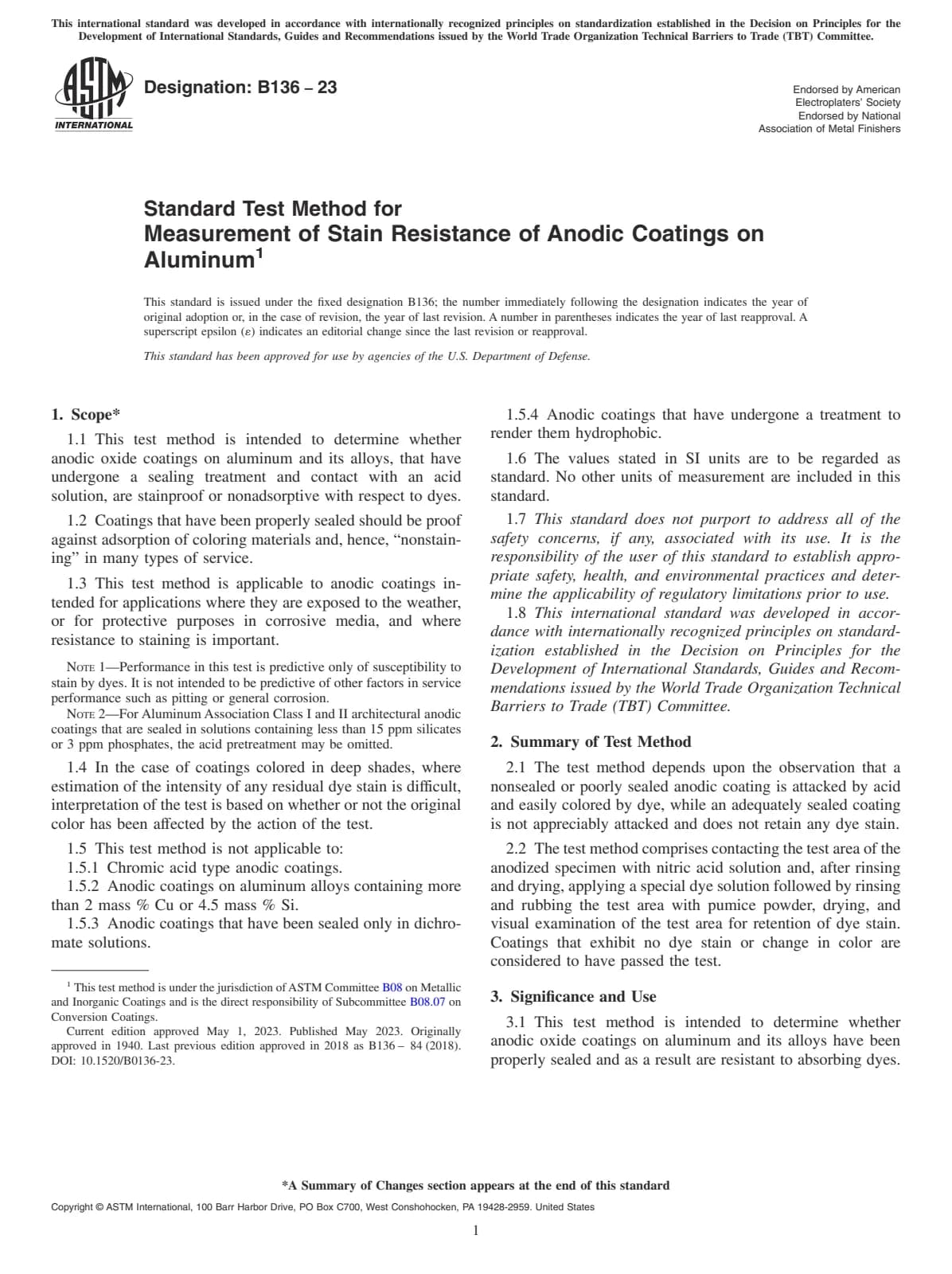 Первая страница стандарта ASTM B136-23