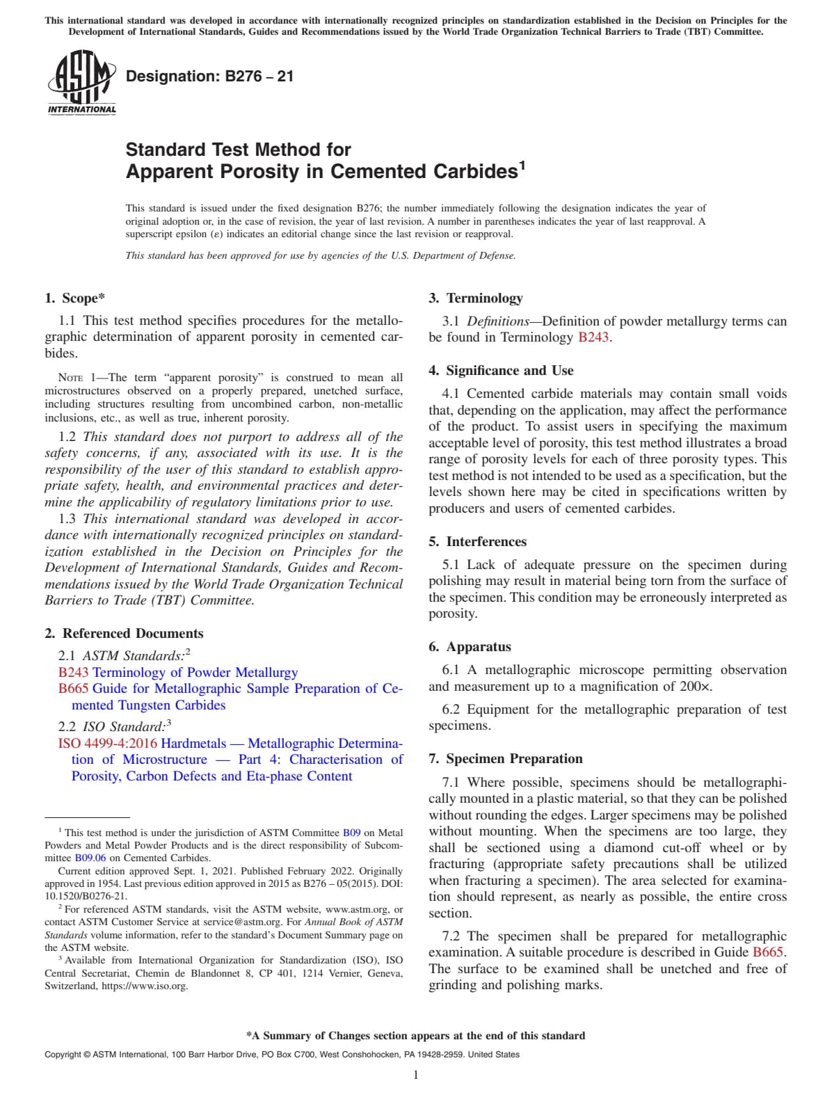 Первая страница стандарта ASTM B276-21