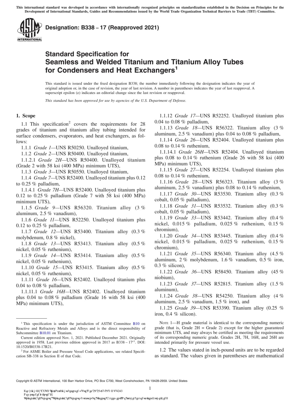 Первая страница стандарта ASTM B338-17(2021)
