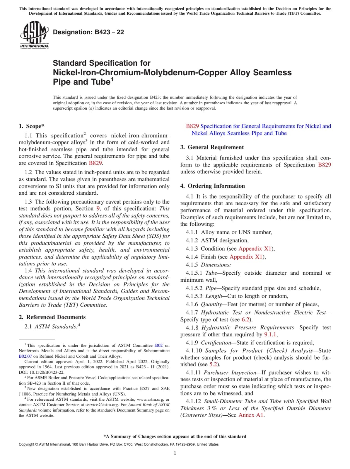 Первая страница стандарта ASTM B423-22