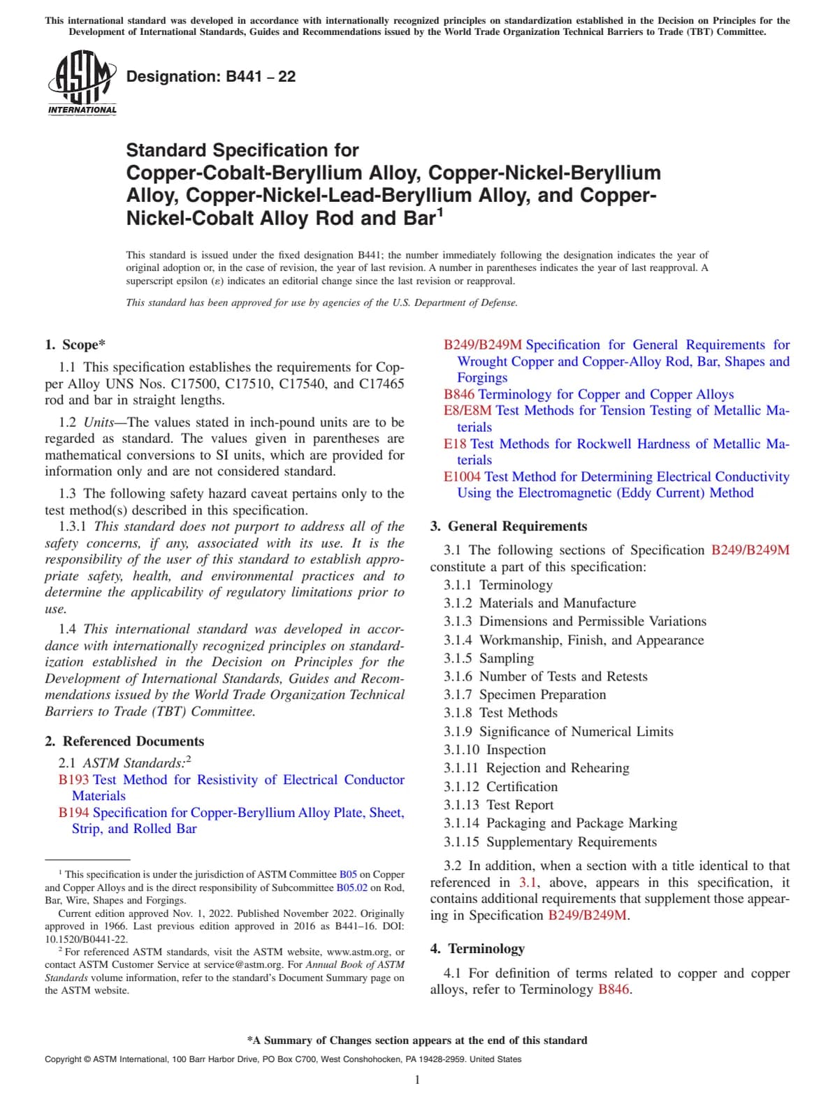 Первая страница стандарта ASTM B441-22