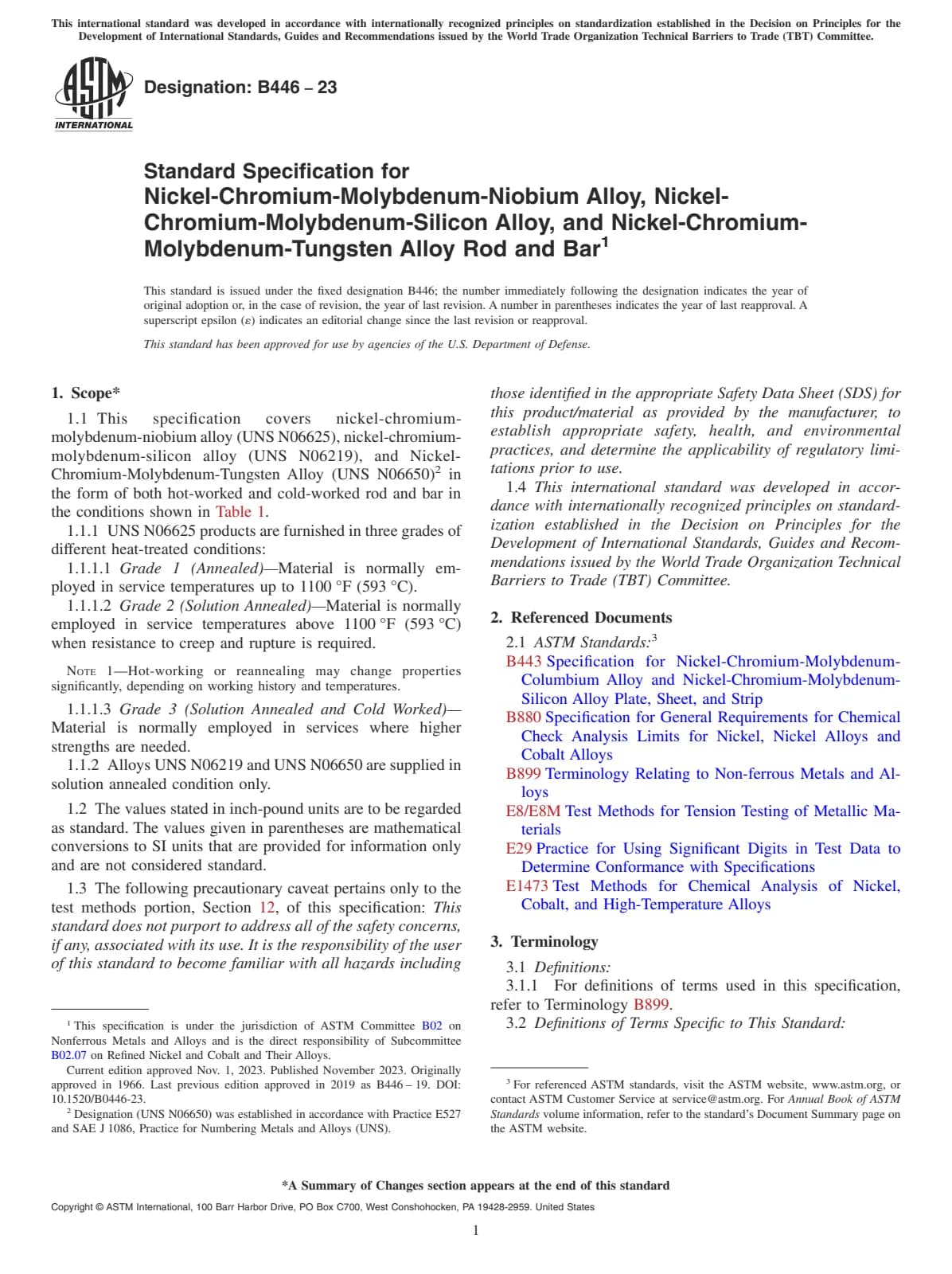 Первая страница стандарта ASTM B446-23