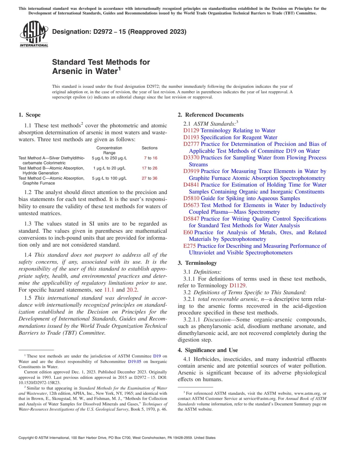 Первая страница стандарта ASTM D2972-15(2023)