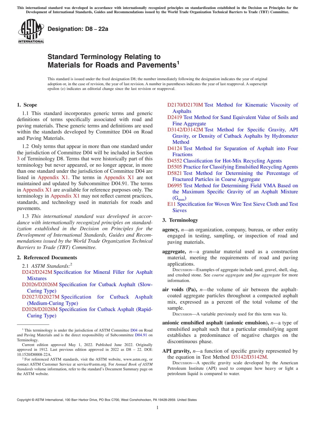Первая страница стандарта ASTM D8-22a