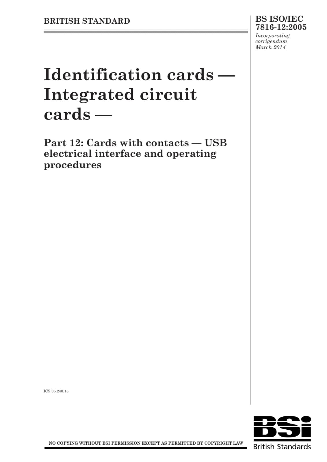 Первая страница стандарта BS ISO/IEC 7816-12:2005
