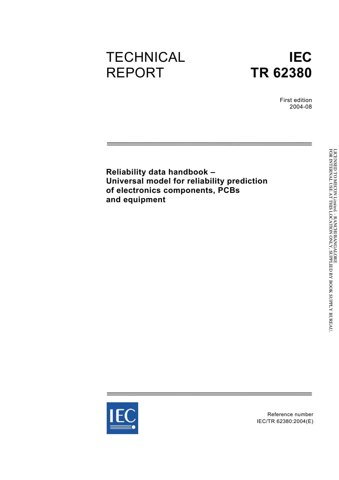 Первая страница стандарта IEC TR 62380:2004