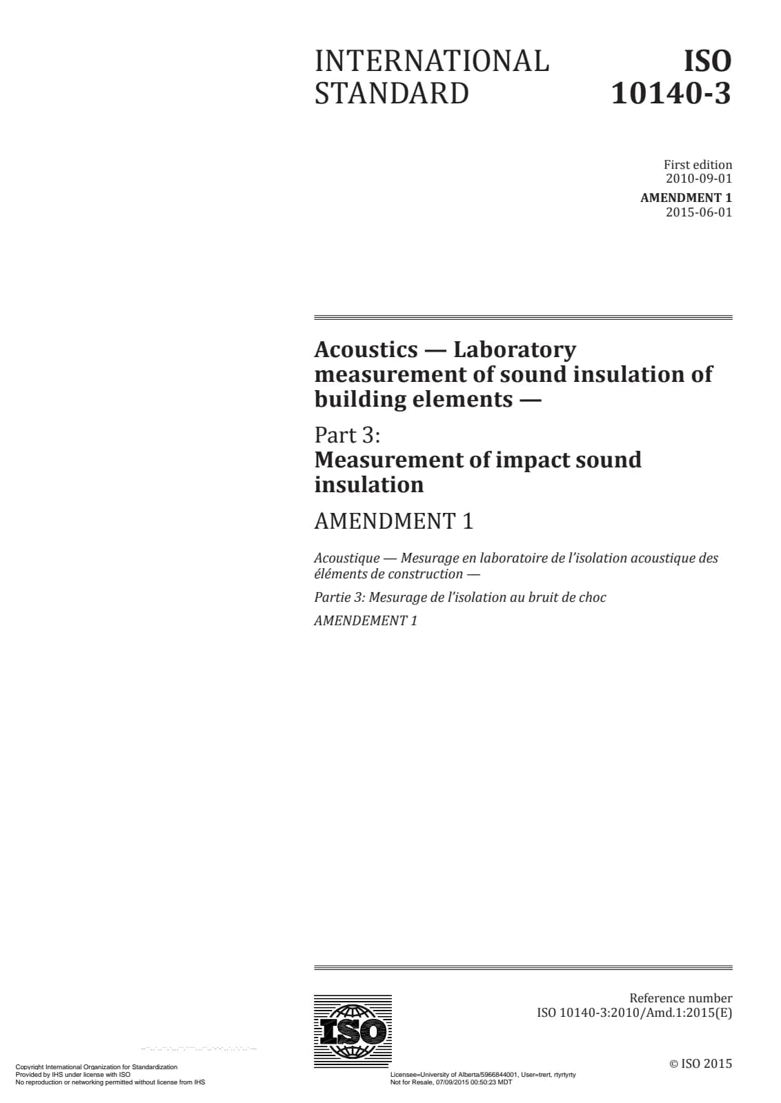 Первая страница стандарта ISO 10140-3:2010