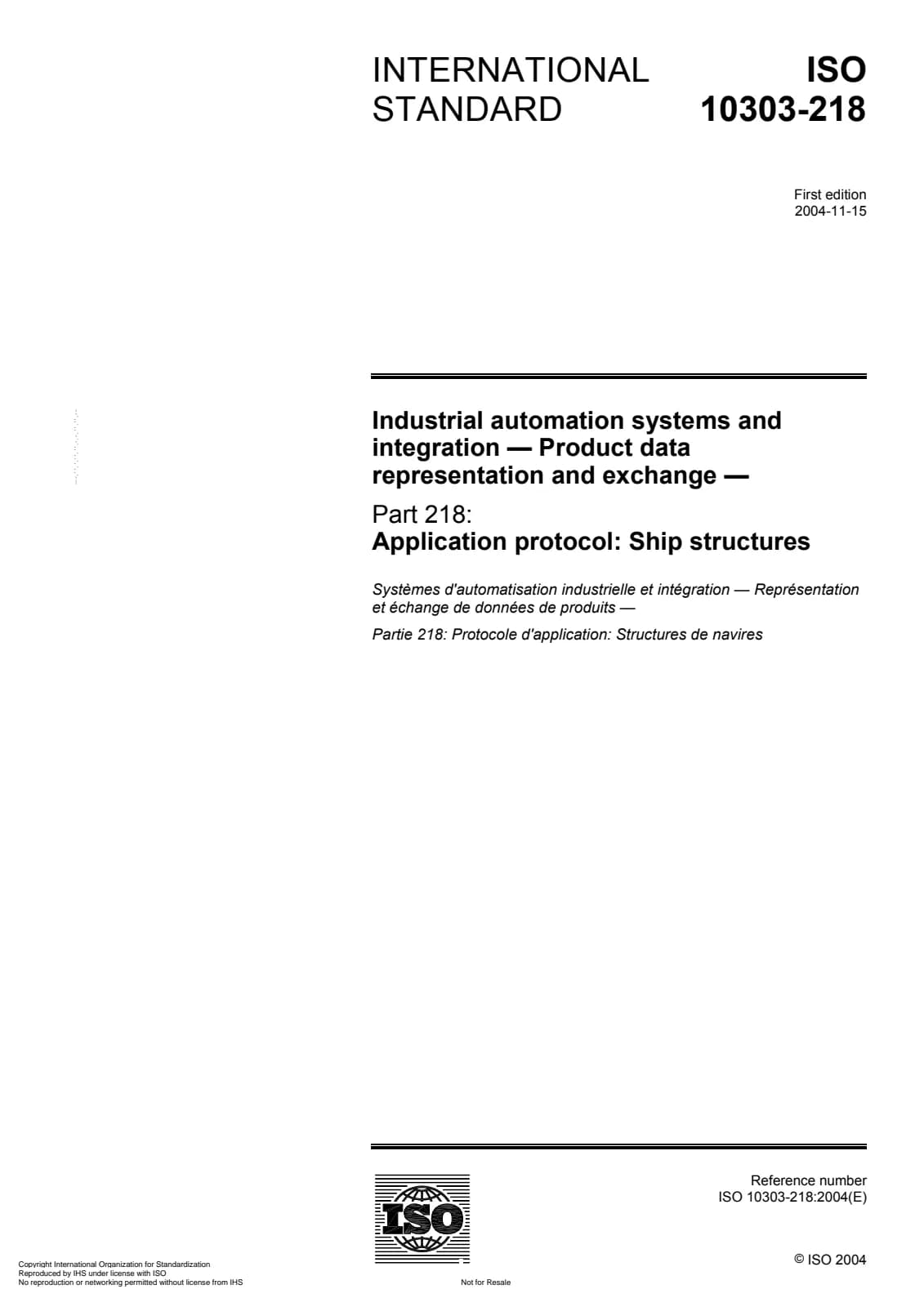 Первая страница стандарта ISO 10303-218:2004