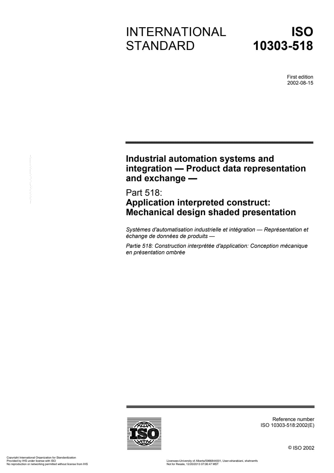 Первая страница стандарта ISO 10303-518:2002