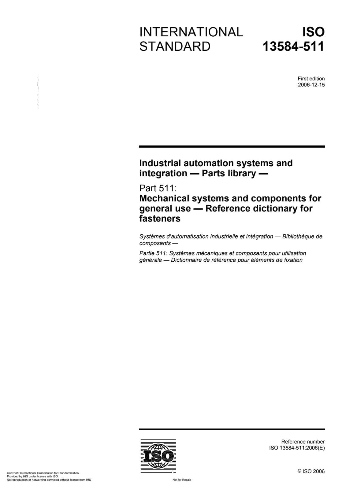 Первая страница стандарта ISO 13584-511:2006