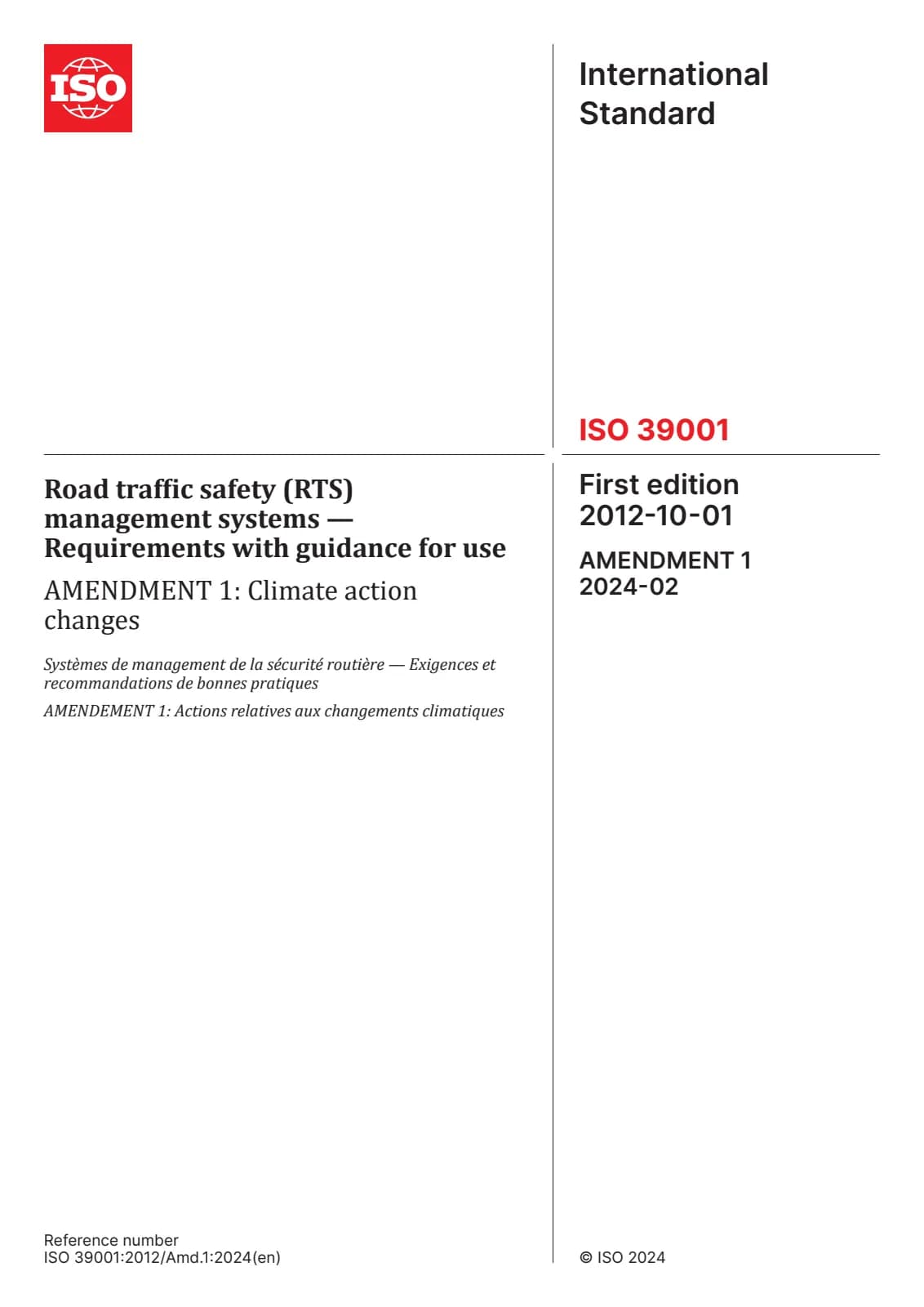 Первая страница стандарта ISO 39001:2012