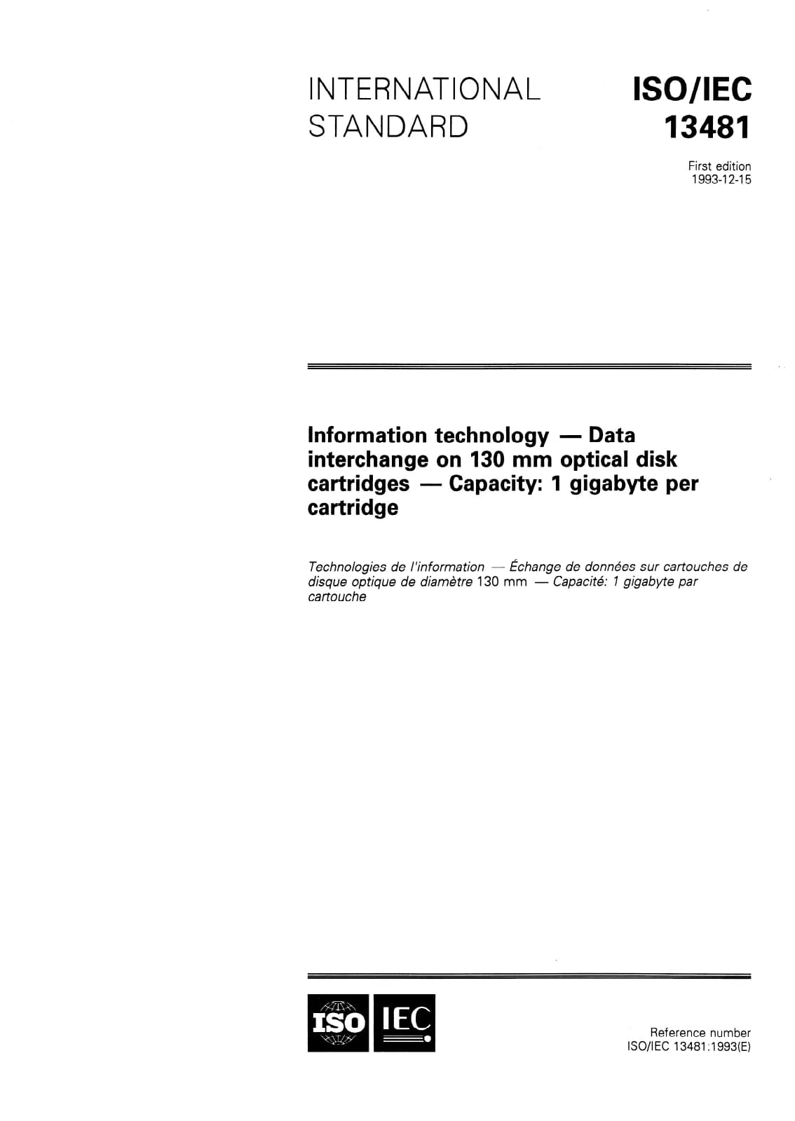 Первая страница стандарта ISO/IEC 13481:1993