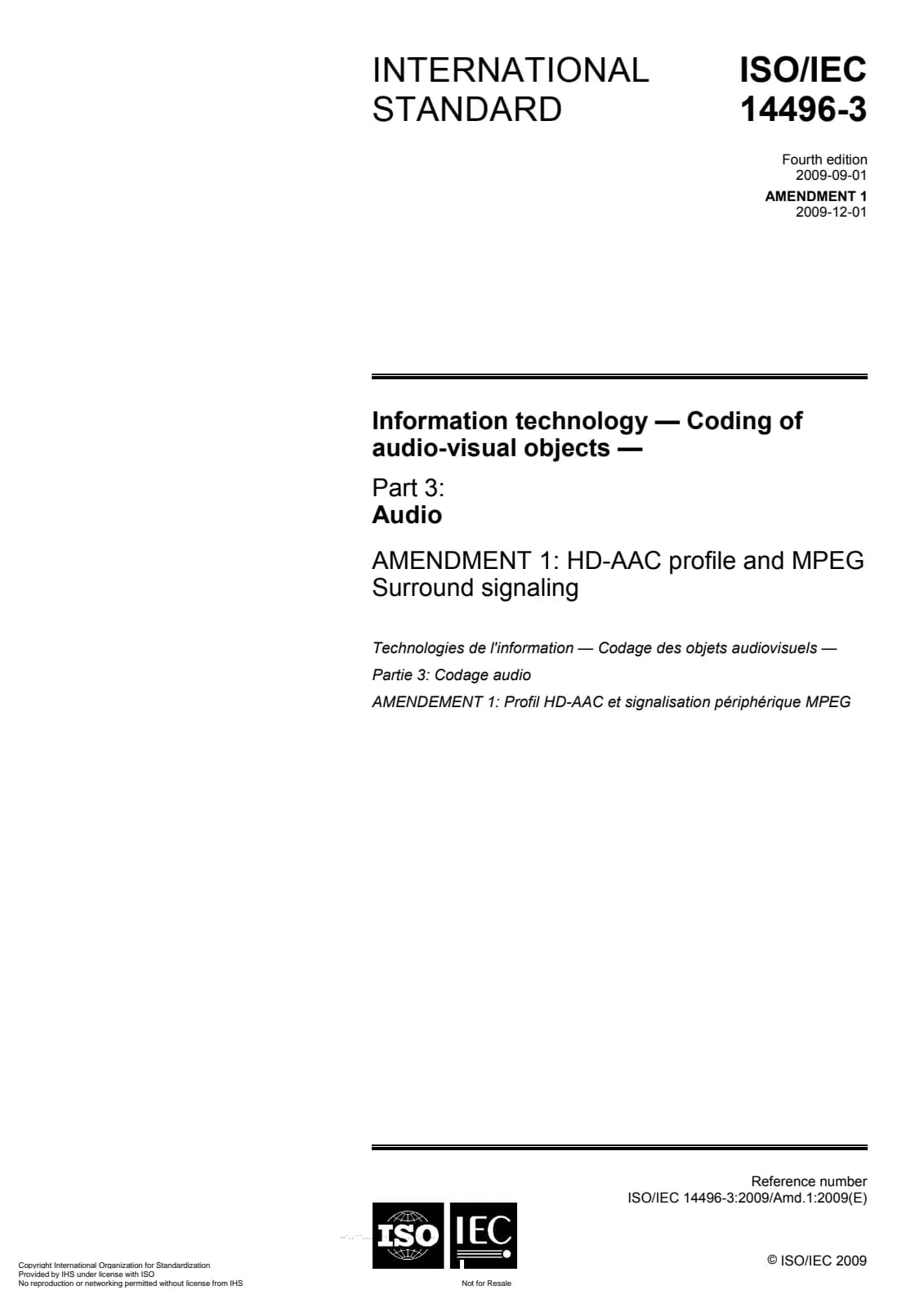 Первая страница стандарта ISO/IEC 14496-3:2009/Amd 1:2009