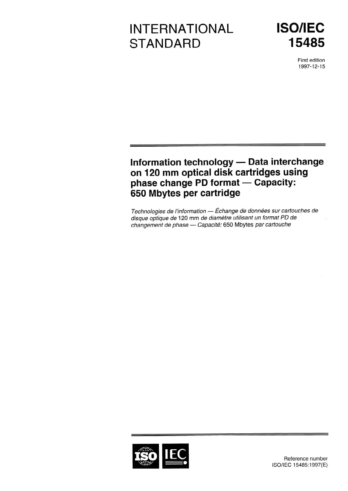 Первая страница стандарта ISO/IEC 15485:1997