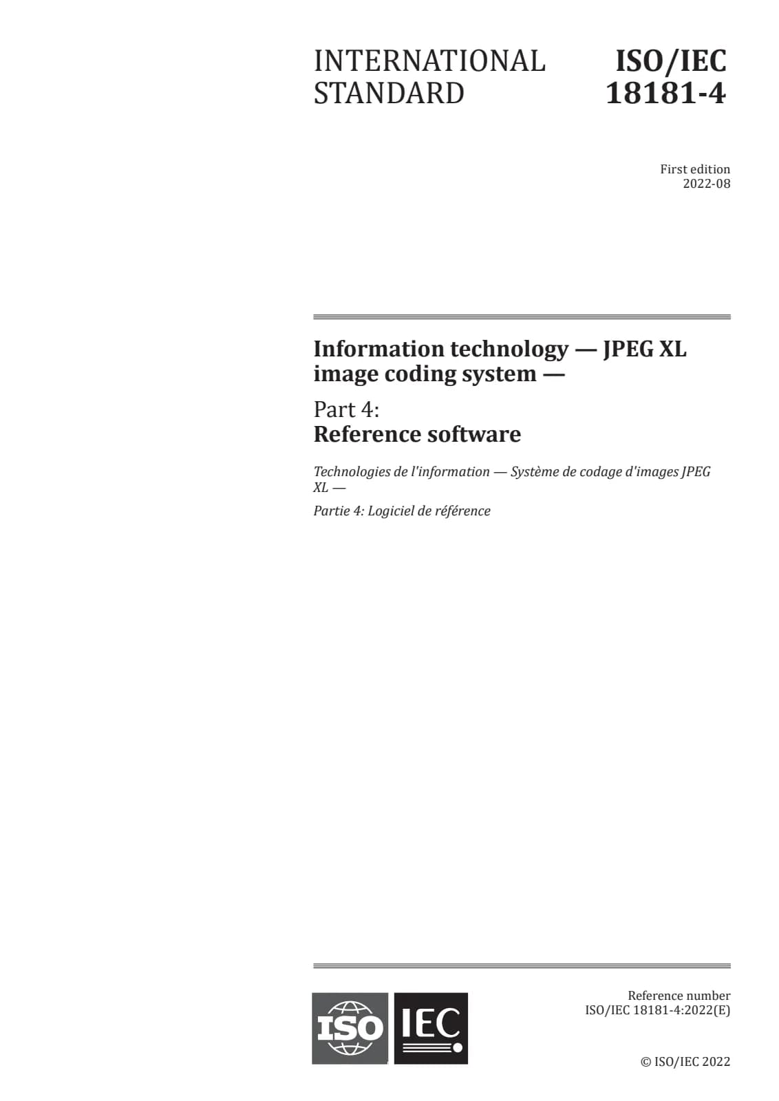 Первая страница стандарта ISO/IEC 18181-4:2022