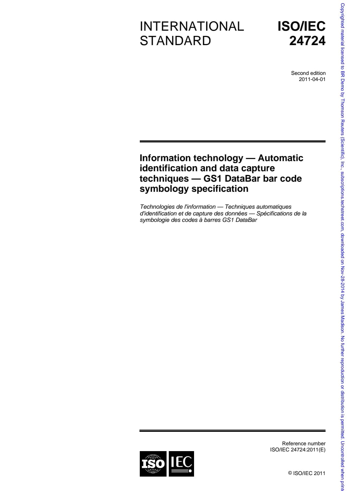 Первая страница стандарта ISO/IEC 24724:2011