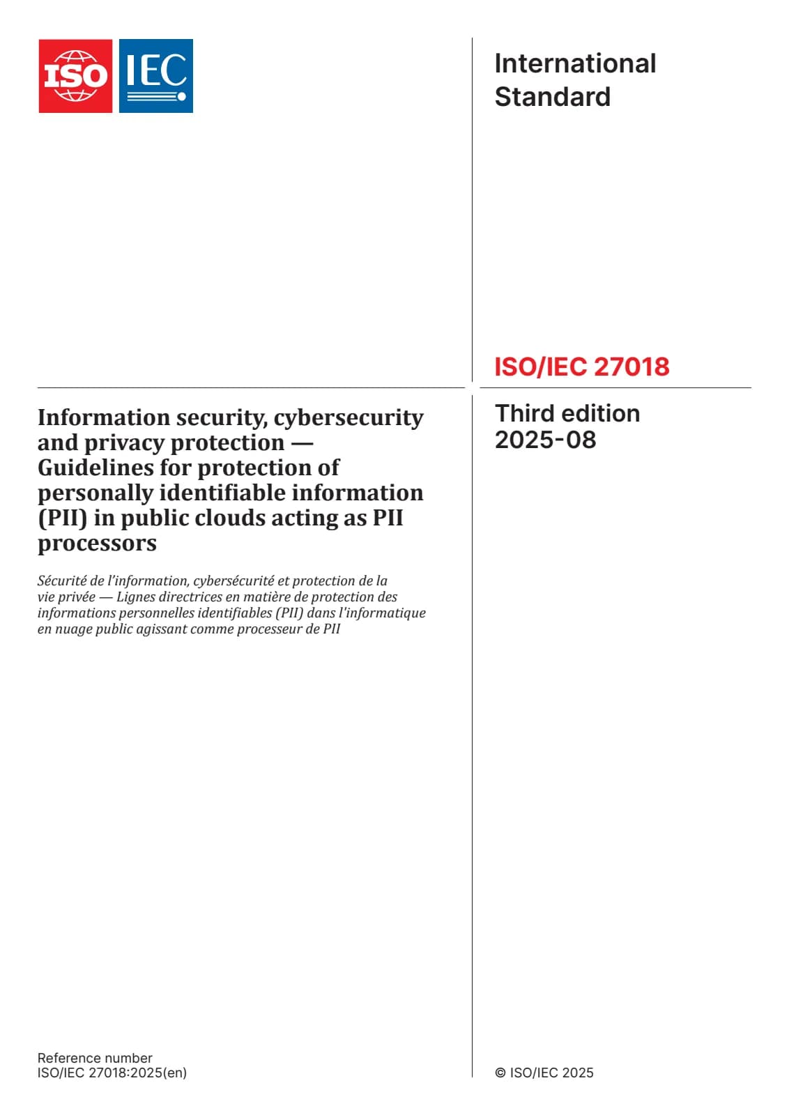 Первая страница стандарта ISO/IEC 27018:2025