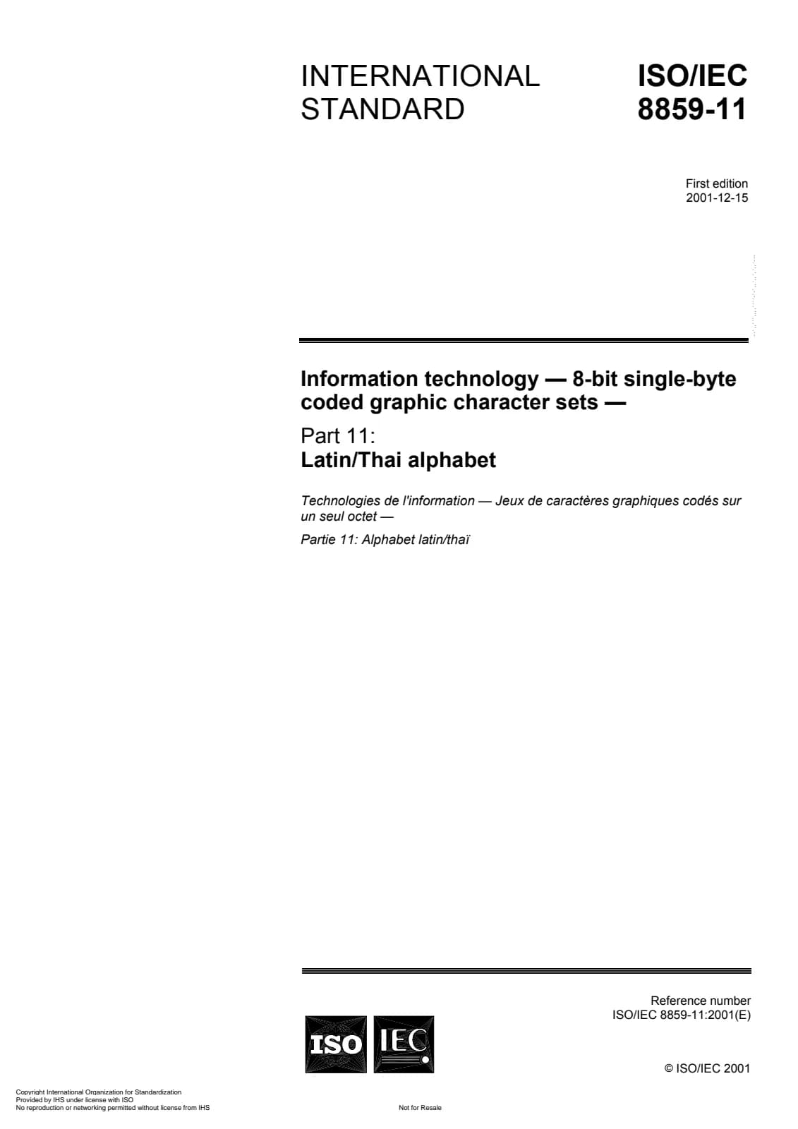 Первая страница стандарта ISO/IEC 8859-11:2001