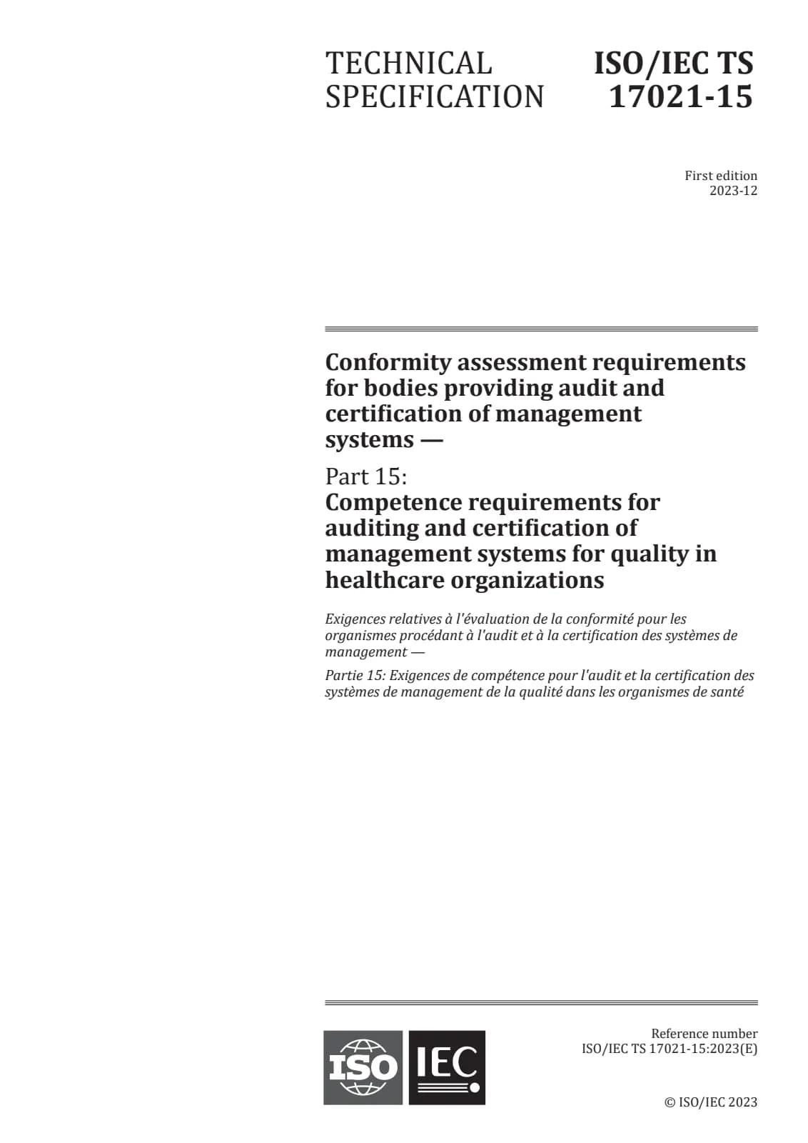 Первая страница стандарта ISO/IEC TS 17021-15:2023