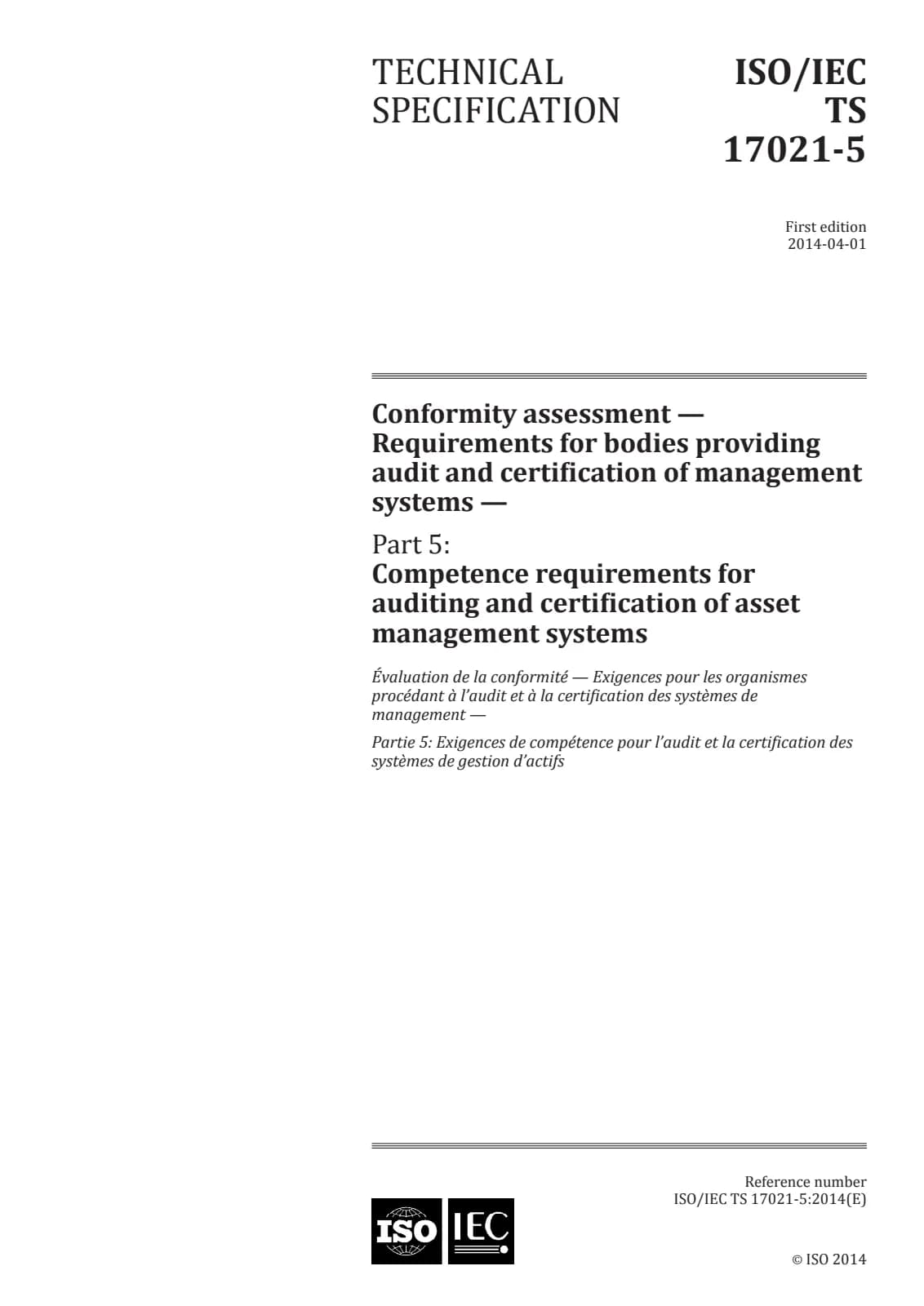 Первая страница стандарта ISO/IEC TS 17021-5:2014