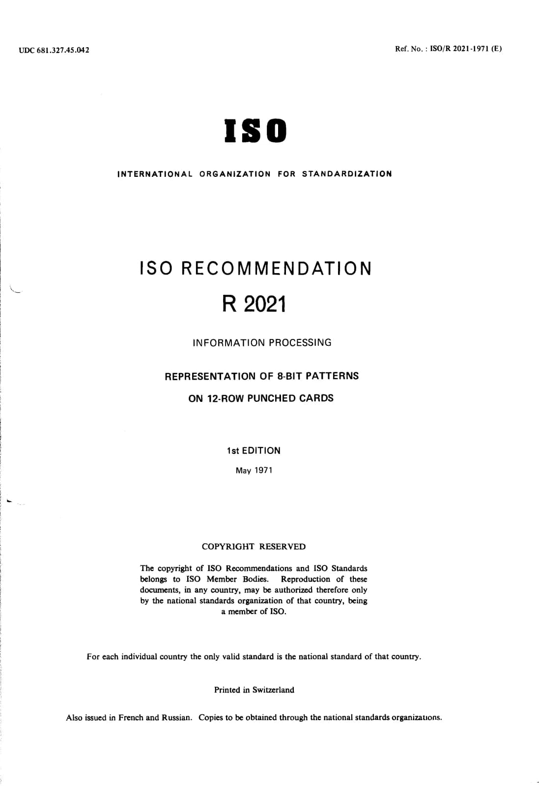 Первая страница стандарта ISO/R 2021:1971