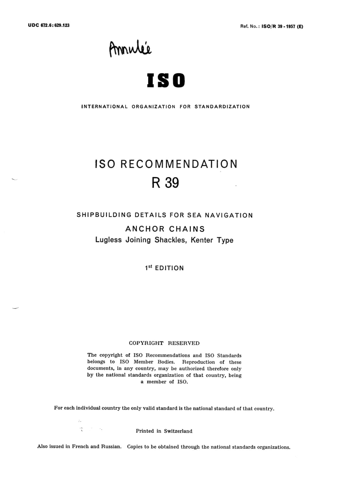 Первая страница стандарта ISO/R 39:1957